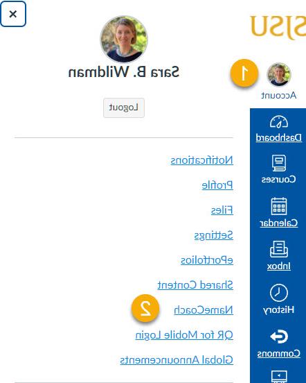 NameCoach tab in Canvas Global Navigation menu.